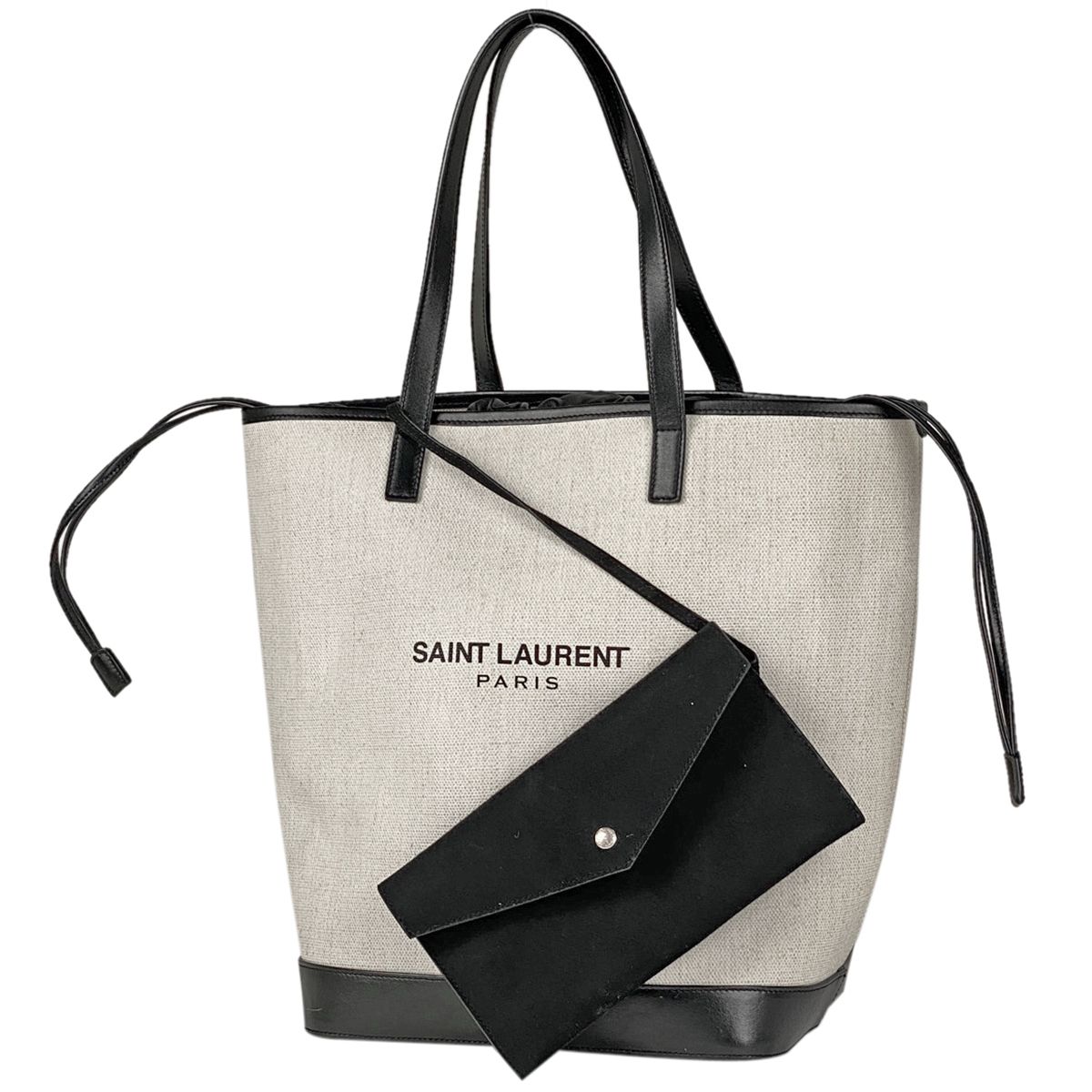 サンローラン SAINT LAURENT テディ トートバッグ 巾着 ロゴ トートバッグ キャンバス ナチュラル ブラック 551595 レディース  【中古】