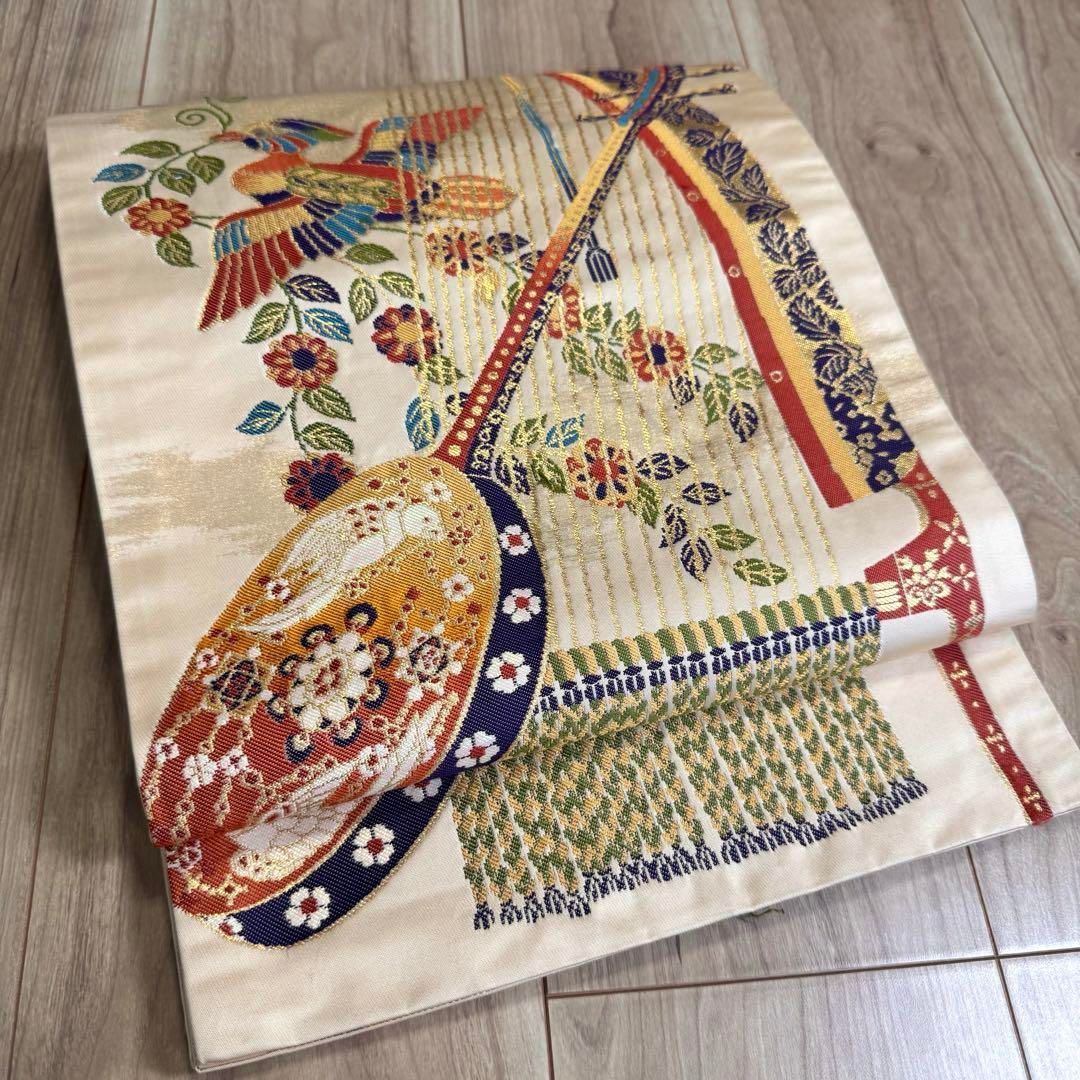 正絹 六通 袋帯 着物 龍村晋 落款 427 橙色 月琴 箜篌 雅楽