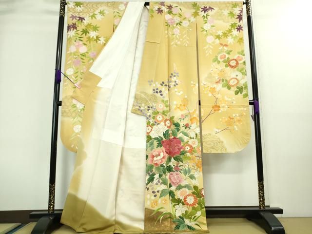 平和屋本店■極上　創業460年・千總　振袖　駒刺繍　吉祥花文　蜂蜜色地　暈し染め　金彩　三越扱い　逸品　DZAA8669kh5 平和屋本店□極上 創業460年・千總 振袖 駒刺繍 吉祥花文 蜂蜜色地 暈