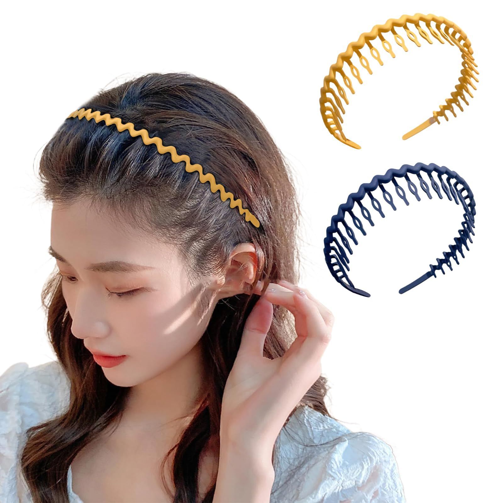 ヘアアクセサリー 滑り止め 痛くない 部屋用 固定 波型 レディース 洗顔 前髪留め コーム付き 男女兼用 ネイビーブルー＋ジンジャー ヘアフープ 2個セット 中くらい カチューシャ ポクミル