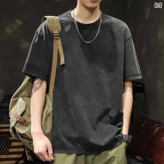 L 60-70kg メンズ 男性用 ファッション オシャレ シンプル 大人 かっこいい ストリート ヒップホップ HipHop アメリカン ヘビーウェイト シンプル 白 半袖 T シャツ ゆったり 大きいサイズ 夏 コットン ウォッシュ レトロ 半袖 T