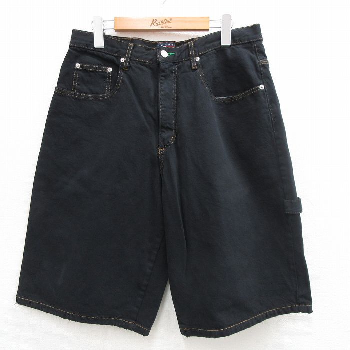 W34/古着 トミーヒルフィガー トミージーンズ ハーフ ペインター パンツ ショーツ メンズ 90s コットン 黒 ブラック 24jul10 中古 ボトムス