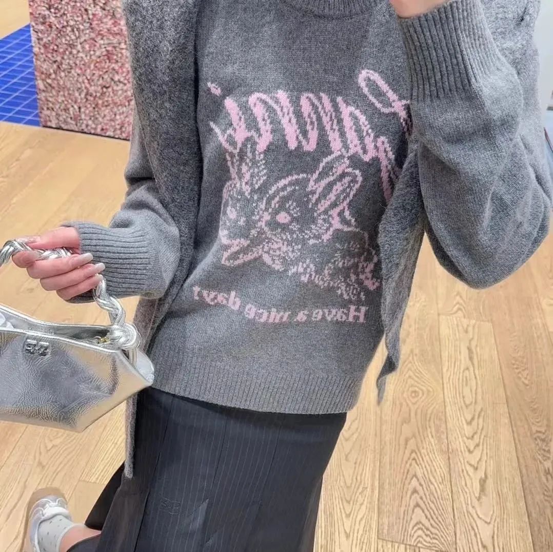 GANNI ガニー トップス ニット セーター 長袖 グレー ウサギ柄