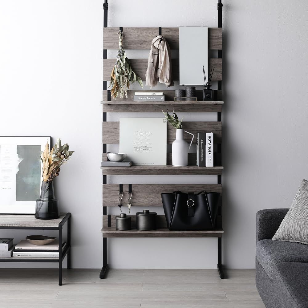 幅80] ミラー付き突っ張り棚 壁面収納 スリム 棚 伸縮 LOWYA ミラー