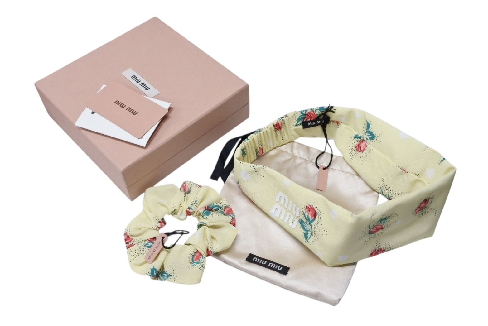 MIUMIU ミュウミュウ シュシュ ヘアバンドセット ヘア 小物 シルク イエロー マルチ 4b007372