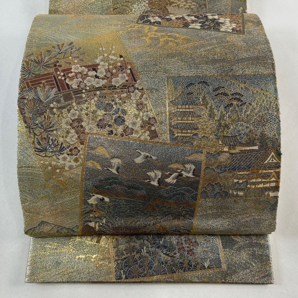 袋帯 美品 逸品 加賀名品百撰 色紙 風景 金糸 箔 金色 全通 正絹
