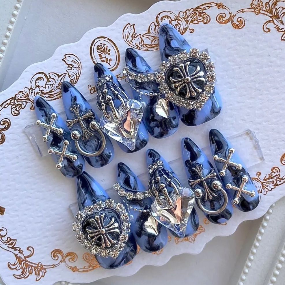 ネイルチップ 量産型 地雷 サブカル ハート 十字架 ピアス ブルー  