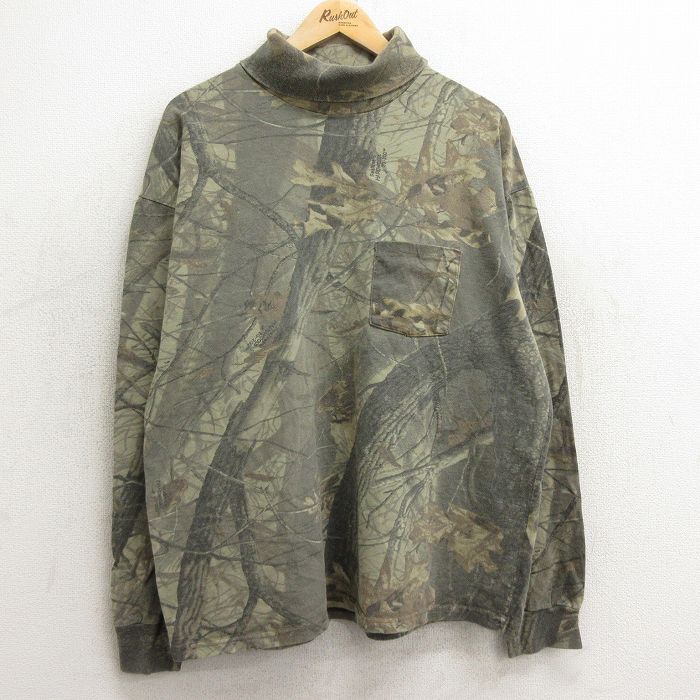L/古着 長袖 ビンテージ Tシャツ メンズ 90s リアルツリー 胸ポケット付き 大きいサイズ コットン ハイネック タートルネック ベージュ他 