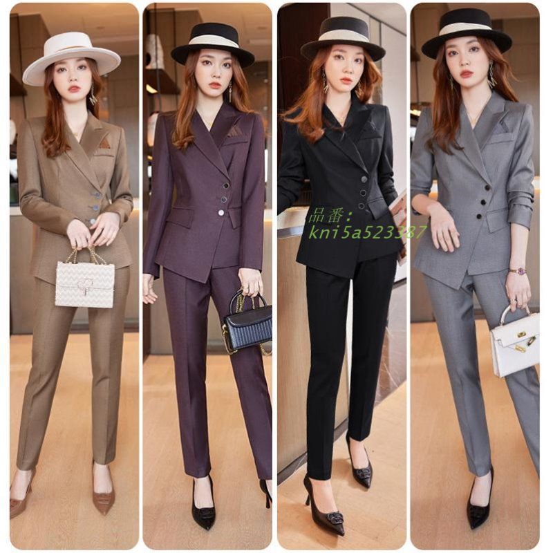 スーツセット レディース パンツセット 20代30代40代 事務服 スーツジャケット カジュアル セットアップ 着痩せ ロングパンツ ビジネススーツ オシャレ kni5a523387