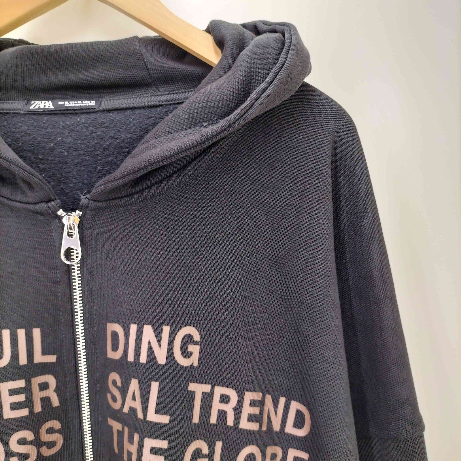 ザラ ZARA ウォッシュ加工 テキストプリント ZIP フーディ メンズ 