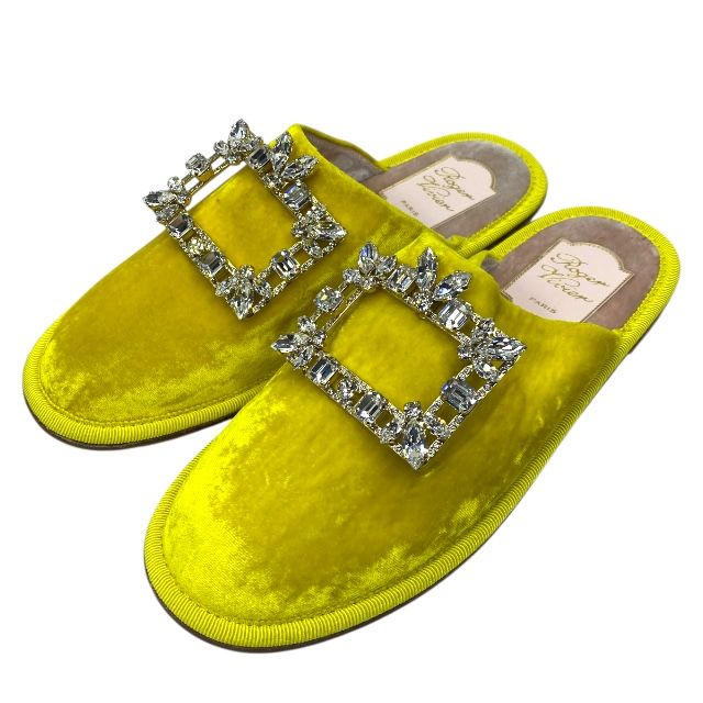 ロジェヴィヴィエ シューズ フラットミュール ポインテッドトゥ ベルベッド ビジュートリム イエロー Roger Vivier サイズ35 約22cm