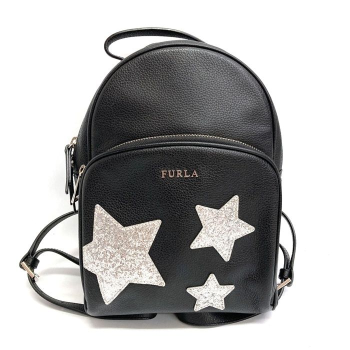 美品　FURLA／フルラ　Frida スター レザーリュック　Black ☆FURLA フルラ frida スパンコールスターレザーリュック