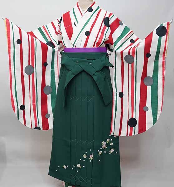 二尺袖 着物 袴フルセット ジュニア用へ直し 135～150cm ボヌールセゾン アイボリー×赤×緑 袴変更 NO42129-02