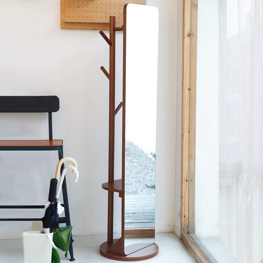 mirahope 全身鏡 全身ミラー ハンガー付ミラー 洋服収納 回転ミラー 姿見 ミラー付き回転ハンガー163x40CM 単品 ブラウン NEXPOTALLINN_EU