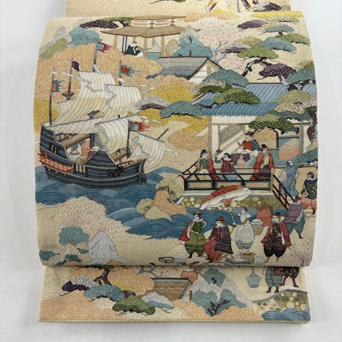 袋帯 船 人物 金銀糸 ベージュ お太鼓柄 正絹