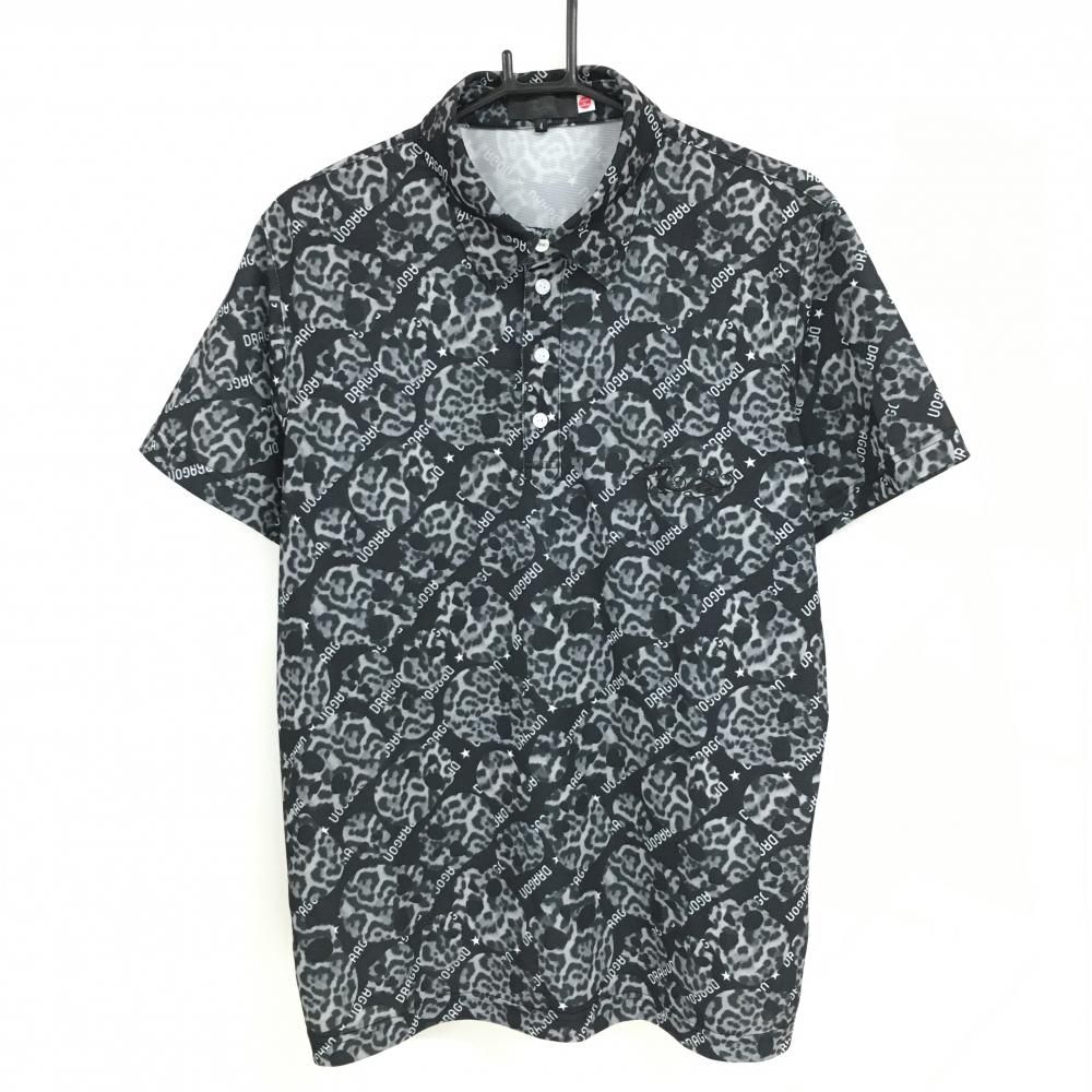【超美品】ダンスウィズドラゴン 半袖ポロシャツ 黒×グレー ヒョウ柄スカル 総柄 メンズ 4(XL) ゴルフウェア Dance With Dragon