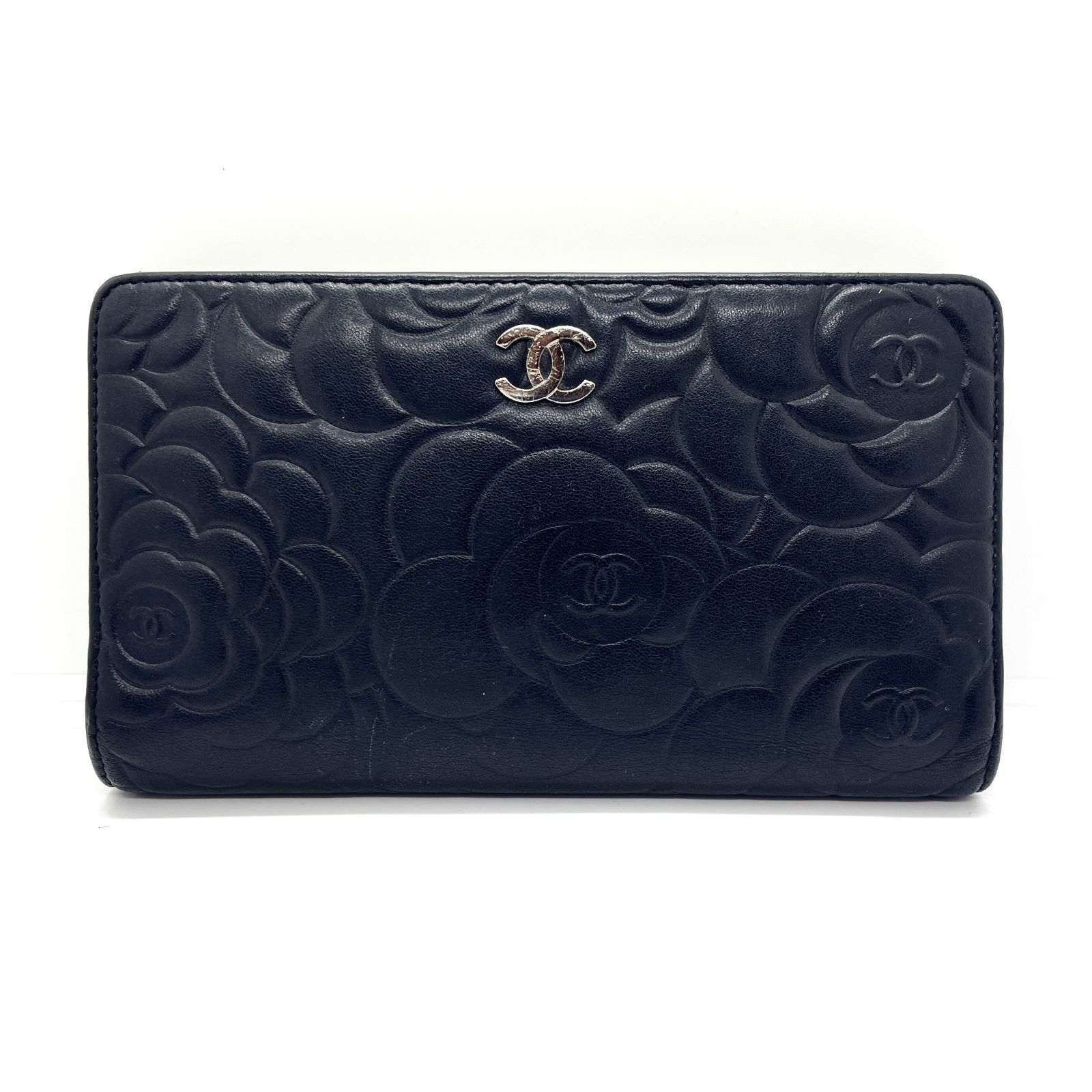 538】極美品 CHANEL/シャネル カメリア ラムスキン 二つ折り 長財布 黒