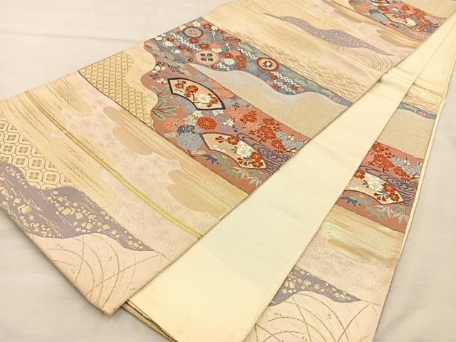 平和屋着物◎六通柄袋帯 唐織 横段扇面鶴花文 金糸 正絹 逸品
