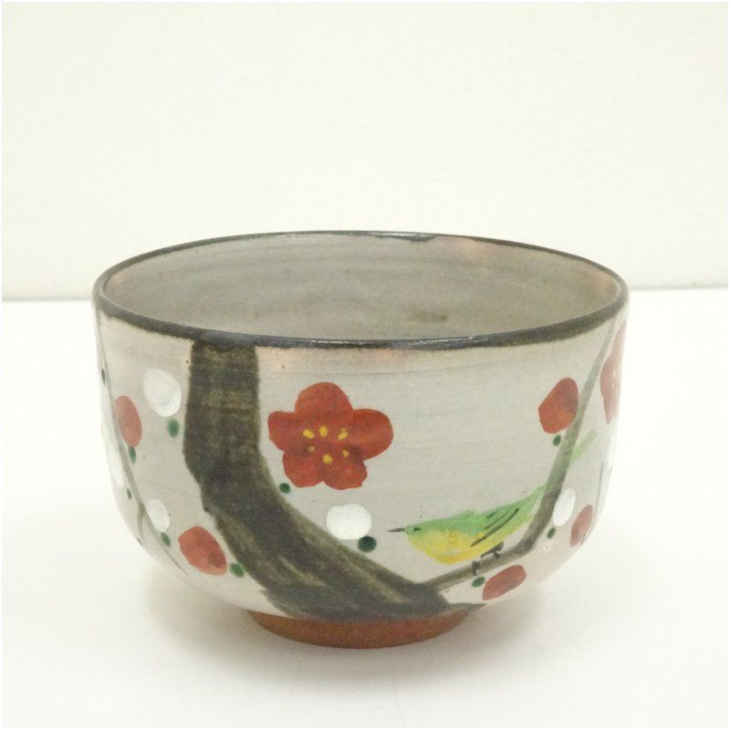 茶道具　梅茶碗 色絵梅に鶯絵茶碗（銘：早春）（道和書付）（共箱） 茶道 抹茶