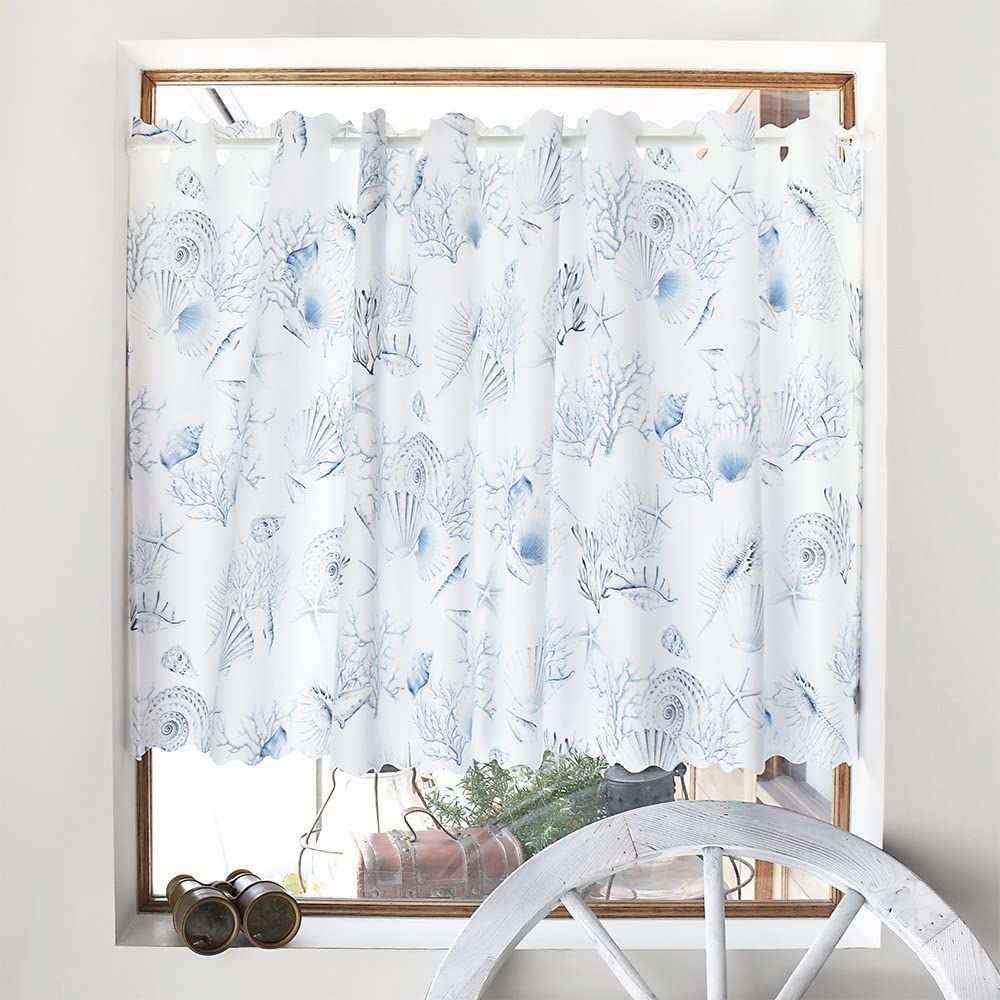 ブルー 貝殻 シェル マリン お風呂 幅140 cm × 70 cm丈 目隠し おしゃれ 小窓用 ラミネート カフェカーテン Decor スタイルデコール STYLE