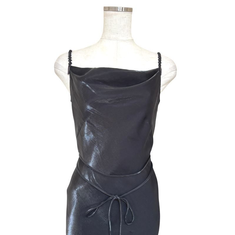 東京ソワール FUNQUETH シャンタンロングドレス ベロアリボン 黒 ブラック 9号