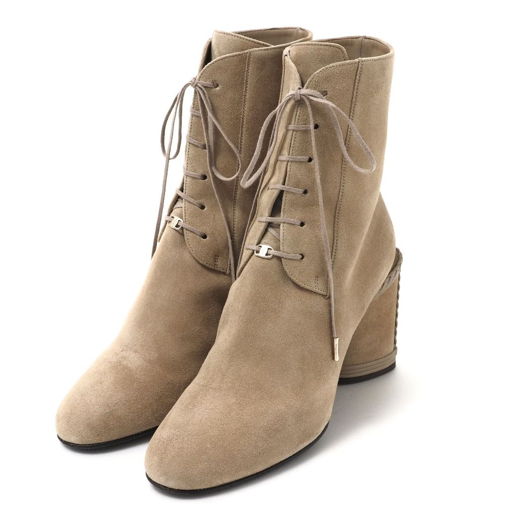 ■美品■Salvatore Ferragamo サルヴァトーレフェラガモ CHANA チャナ ブーツ サイズ7 1/2 D レースアップ ショート チャンキーヒール スウェード レザー 靴 ブランド古着【】20250702/RA4884