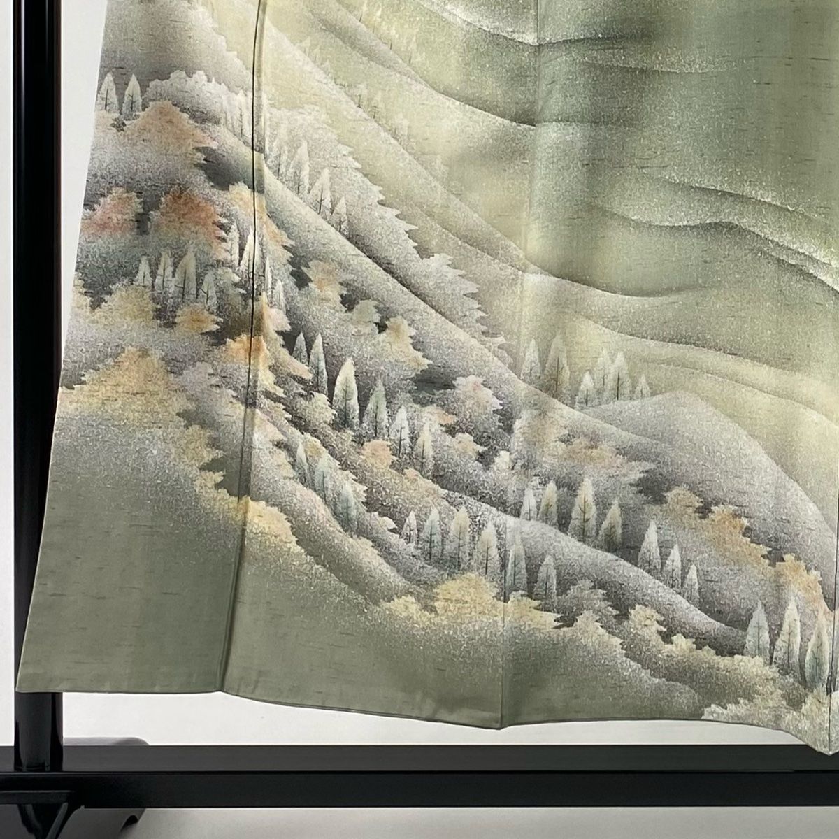 訪問着 身丈155cm 裄丈62cm S 袷 牛首紬地 村田道宣 落款 証紙 樹木 霞 ぼかし 灰緑 正絹 一つ紋