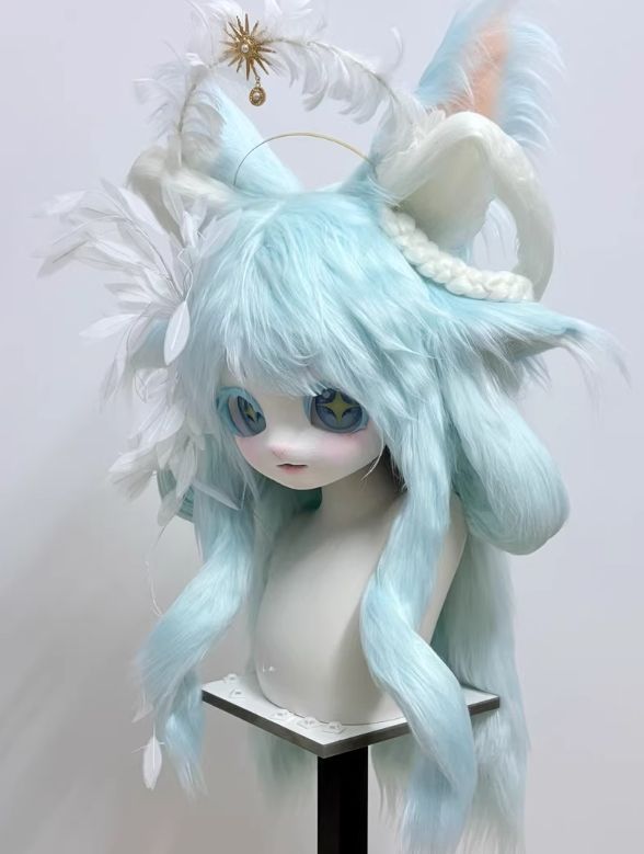 着ぐるみヘッド kigurumi NO.51 キツネ 水色 青 四つ耳 ファースーツ 全頭ヘッド ケモノ マスク ぬいぐるみ コスプレ コスチューム