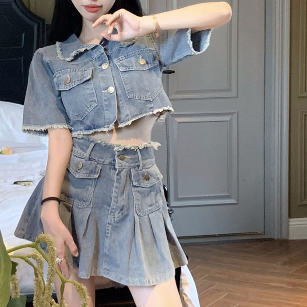 送料無料 デニムセットアップ レディース 韓国春夏 半袖 クラッシュ