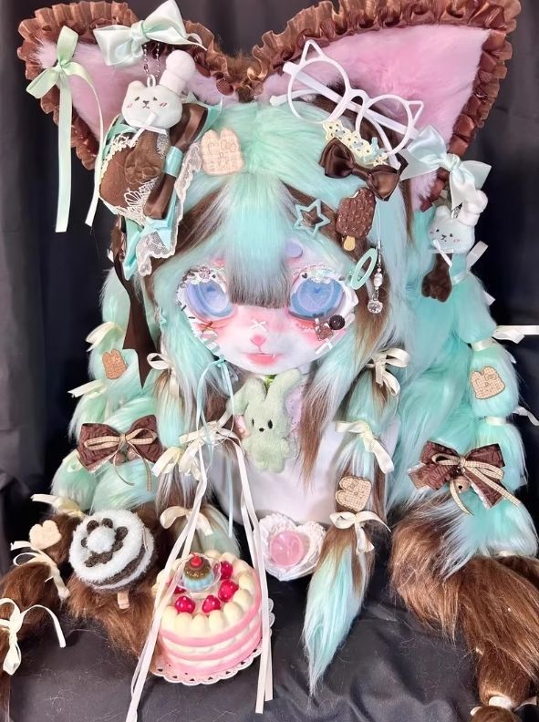 着ぐるみヘッド 猫 ピンクとライトブルー 全頭ヘッド ケモノ マスク