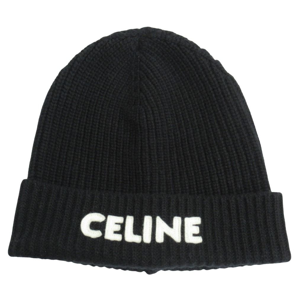 CELINE セリーヌ エンブロイダリー ニット帽 ビーニー 帽子 ロゴ サイズTU 黒 ブラック メンズ レディース 古着