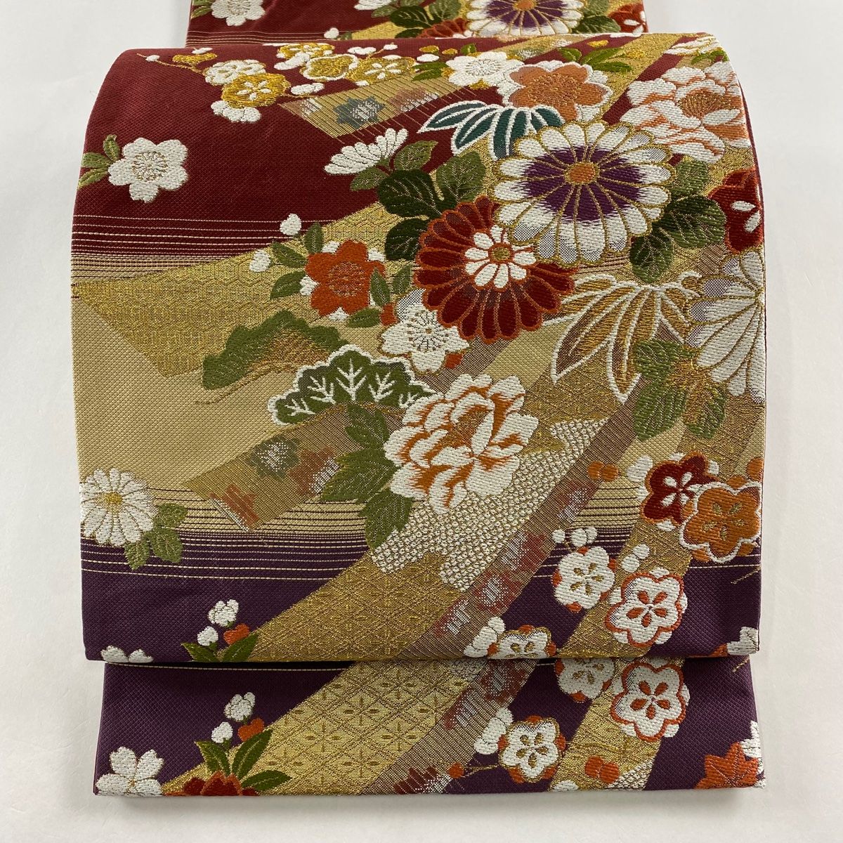 袋帯 美品 名品 やまと 草花 熨斗 金糸 箔 えんじ色 六通 正絹