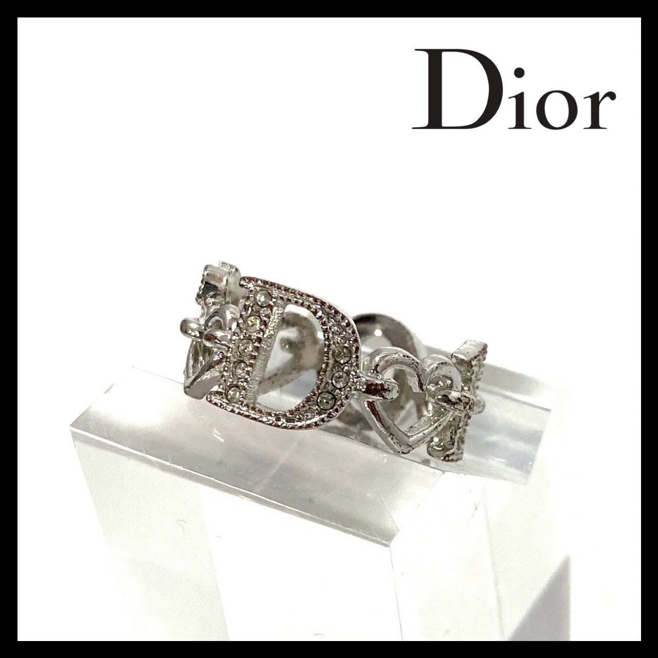 Dior】ロゴ ラインストーン リング シルバーカラー ハート #6 約11.5号