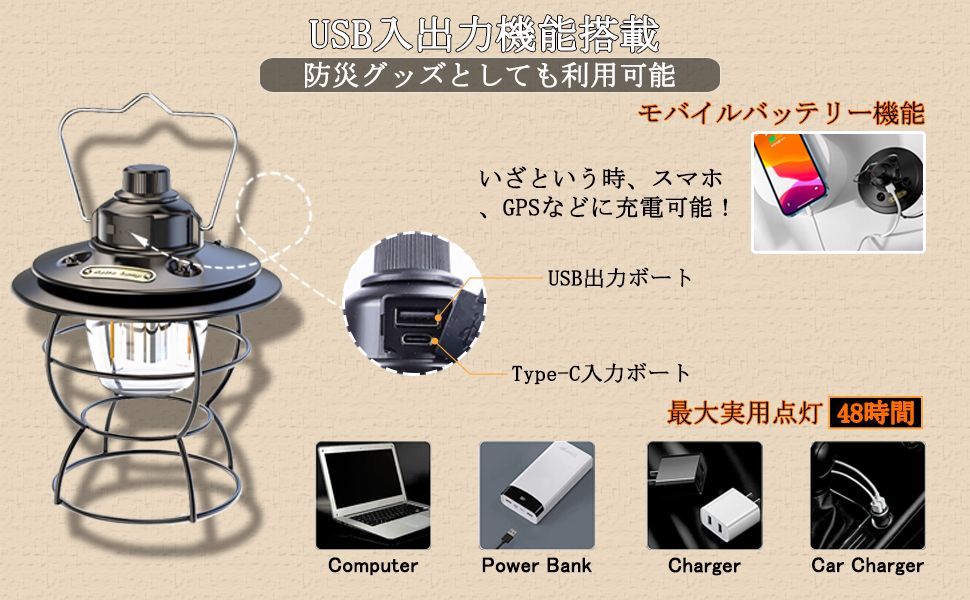 高輝度LEDランタン おしゃれ 間接照明 レトロ 3色切替 USB充電