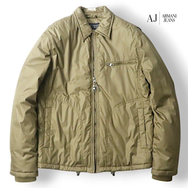 美品 ジョルジオ・アルマーニ ARMANI JEANS ポリエステルツイル ダブルジップ 中綿パフジャケット サンドカーキ 50【参考価格￥69，300-】