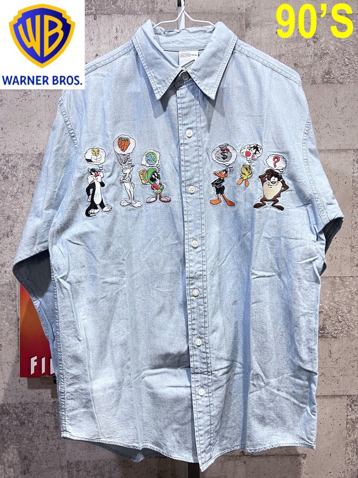 90'S ルーニーテューンズ 刺繍 シャンブレーシャツ XS ワーナー WARNER
