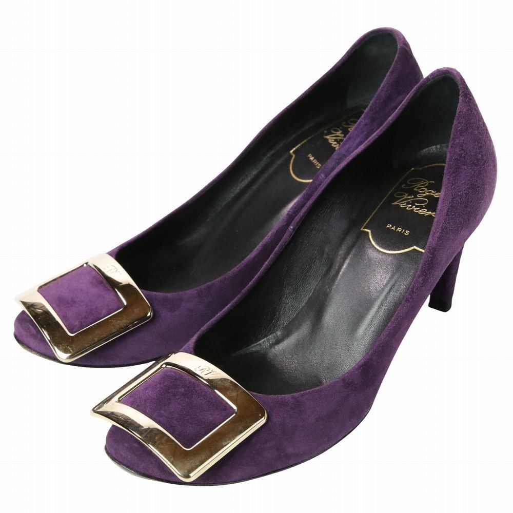 Roger Vivier ロジェヴィヴィエ スクエアバックル スエード パンプス 34.5 21.5cm相当 パープル レディース 古着