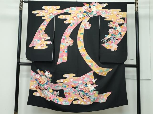 平和屋着物 上 七五三 女の子 7歳 祝着 友禅 エ霞花車文 黒地 金彩 CZAA3511s5