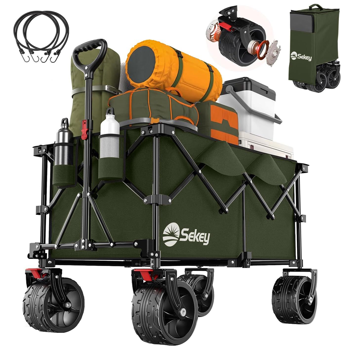 Sekey キャリーワゴン 大容量150L 断面幅10cmの 太ノーパンクタイヤベアリング内蔵 高耐荷重150kg 収納サイズが類似品で最小級 コンパクト 簡単組立 自立収納 静音 アウトドアワゴン キャンプ レジャー 運動会 ダークグリーン