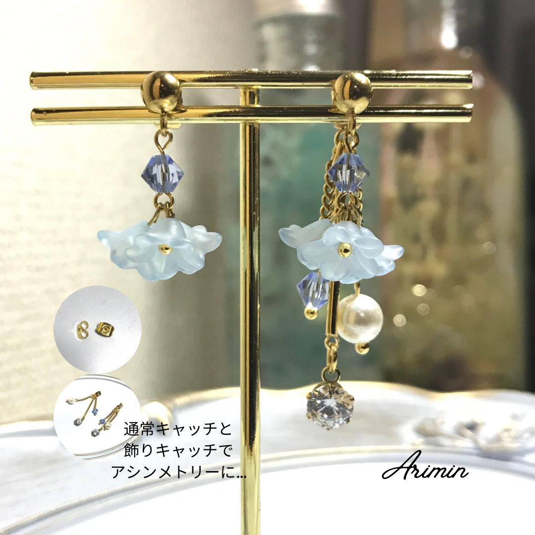 ブルーフラワーアクセサリー イヤリング ピアス ゴールド 金属