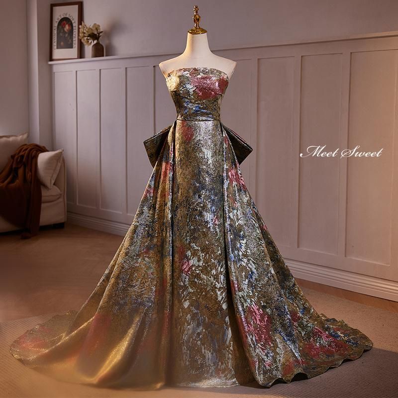 ドレス プリンセスライン ゴールド 花柄 ベアトップ リボン ロングドレス ウェディングドレス 結婚式 二次会 花嫁 前撮り 演奏会 発表会 ステージ衣装sjk