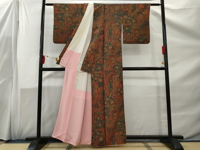 平和屋着物□上質な小紋 更紗花文 鬼しぼ縮緬 正絹 逸品