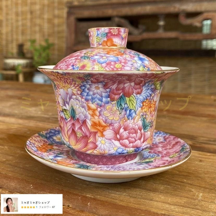 中国　古七宝琺瑯彩　茶合　碗鎮　U　R6182 中国茶器 景徳鎮 琺瑯彩万花馬蹄三才蓋碗 茶杯 煎茶器 新品未
