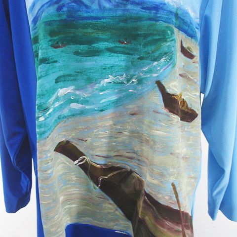 麻喜染色工芸 長袖 チュニック ブラウス 青系 ブルー プリント タグ  