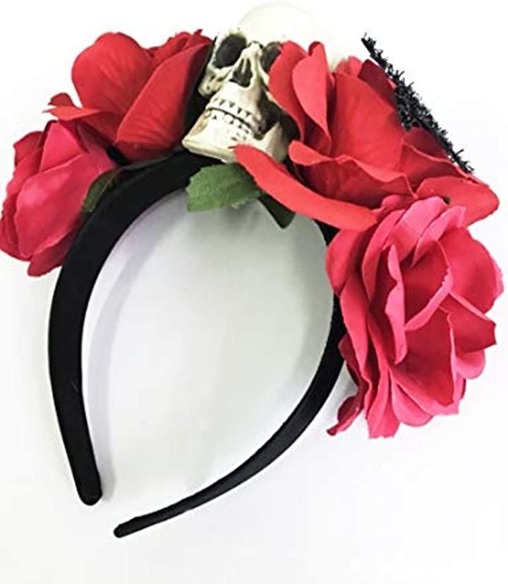 ドクロ スカル 骸骨 カチューシャ 薔薇 ヘッドドレス ハロウィン 死者の日 本格 メキシコ 風 コスチューム用小物 レディース S620( ブラック,  フリーサイズ)