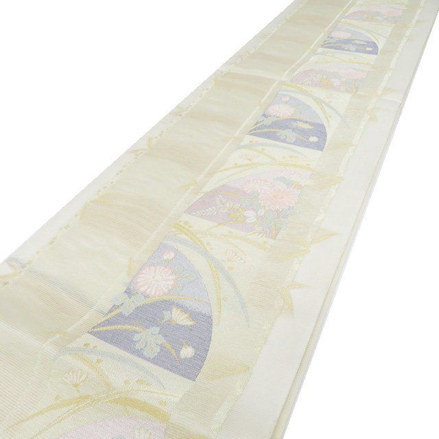 夏物 夏帯 袋帯 中古 正絹 六通 菊 秋草 箔糸 象牙色 金 A1236-9