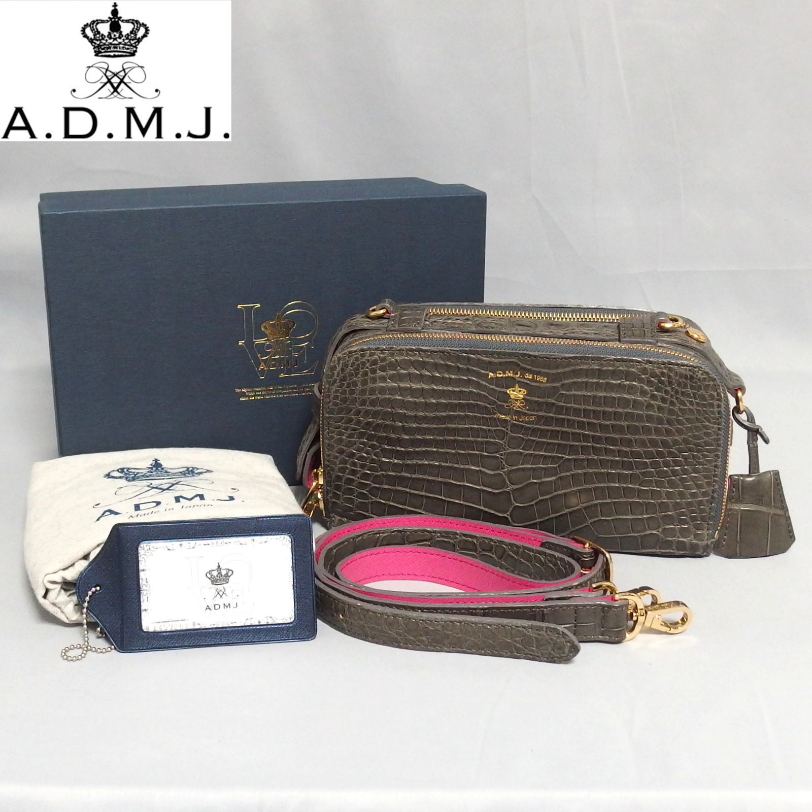 良品☆A.D.M.J. ロゴ リアルクロコダイル Wファスナー ショルダー 
