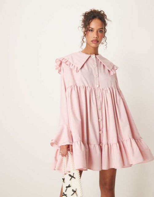 シスタージュン レディース ワンピース トップス Sister Jane oversized collar frill mini dress with heart button detail in light pink Baby
