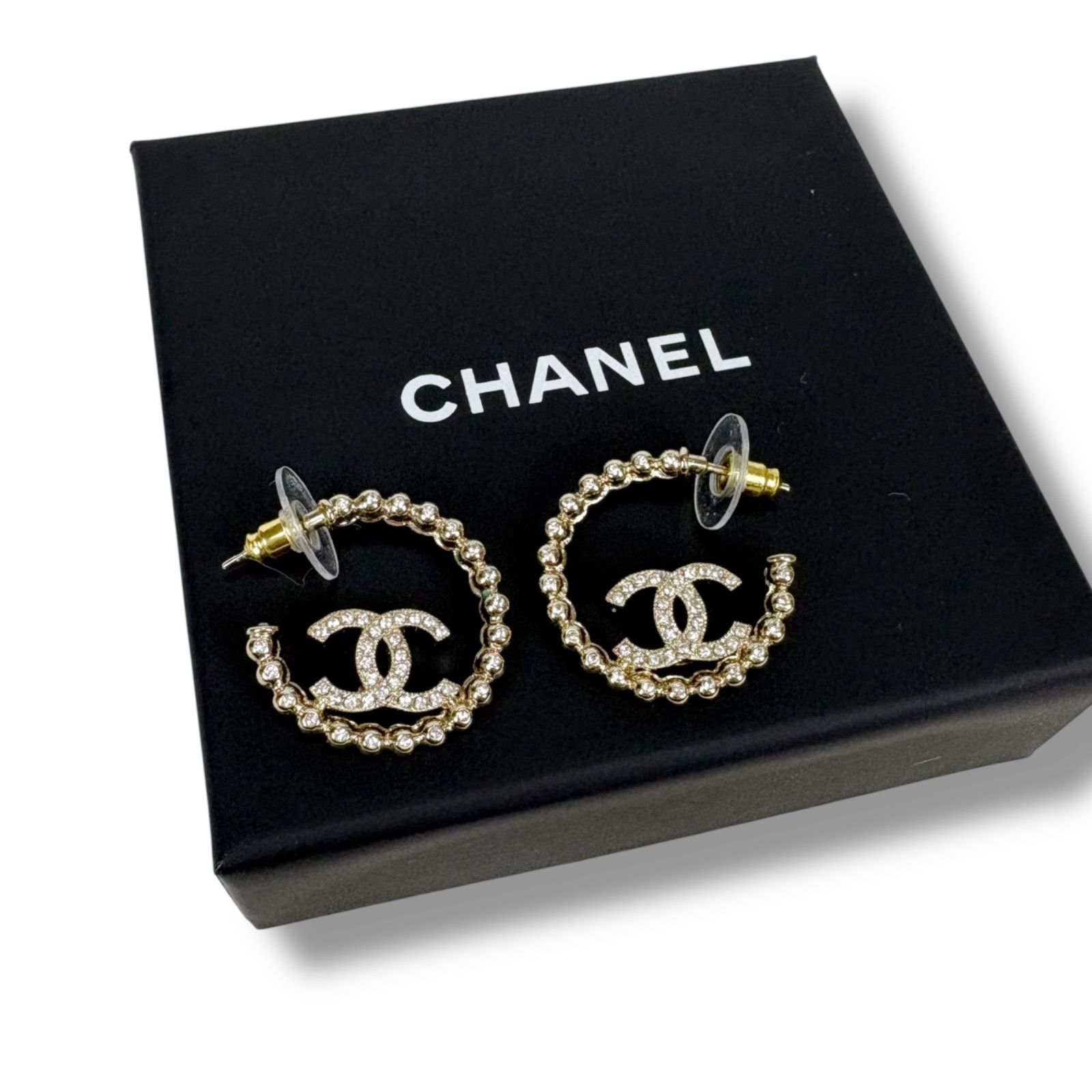 シャネル CHANEL フープピアス ココマークロゴ CCロゴ ラインストーン