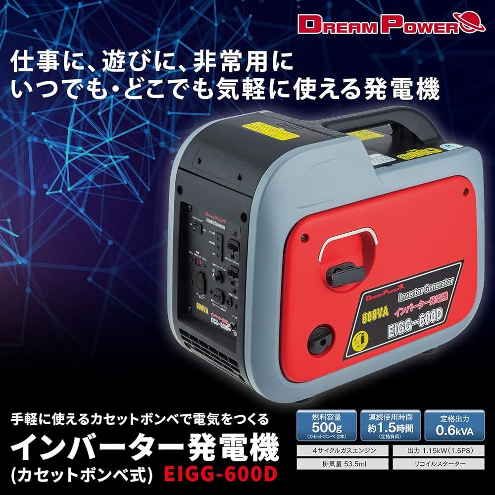 100％品質保証！ ナカトミ インバーター発電機 カセットボンベ式 定格出力0.6kVA 正弦波 50Hz 60Hz切替 PSE認証有 エコモード搭載 安い！かわいい！